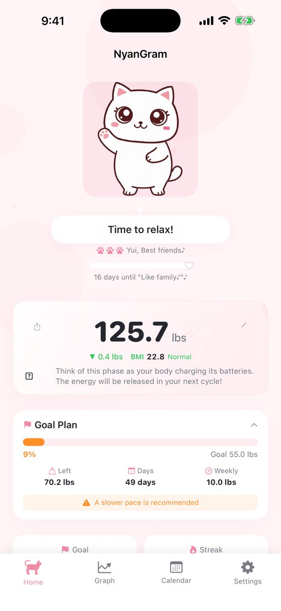 NyanGram home screen — your cat greets you and waits for today's weight
