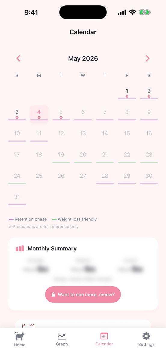 NyanGram calendar screen — paw print marks every logged day